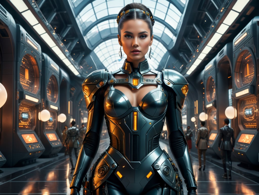 Haute couture fashion model, in the style of wes anderson in front of futuristic building, with computer layouts