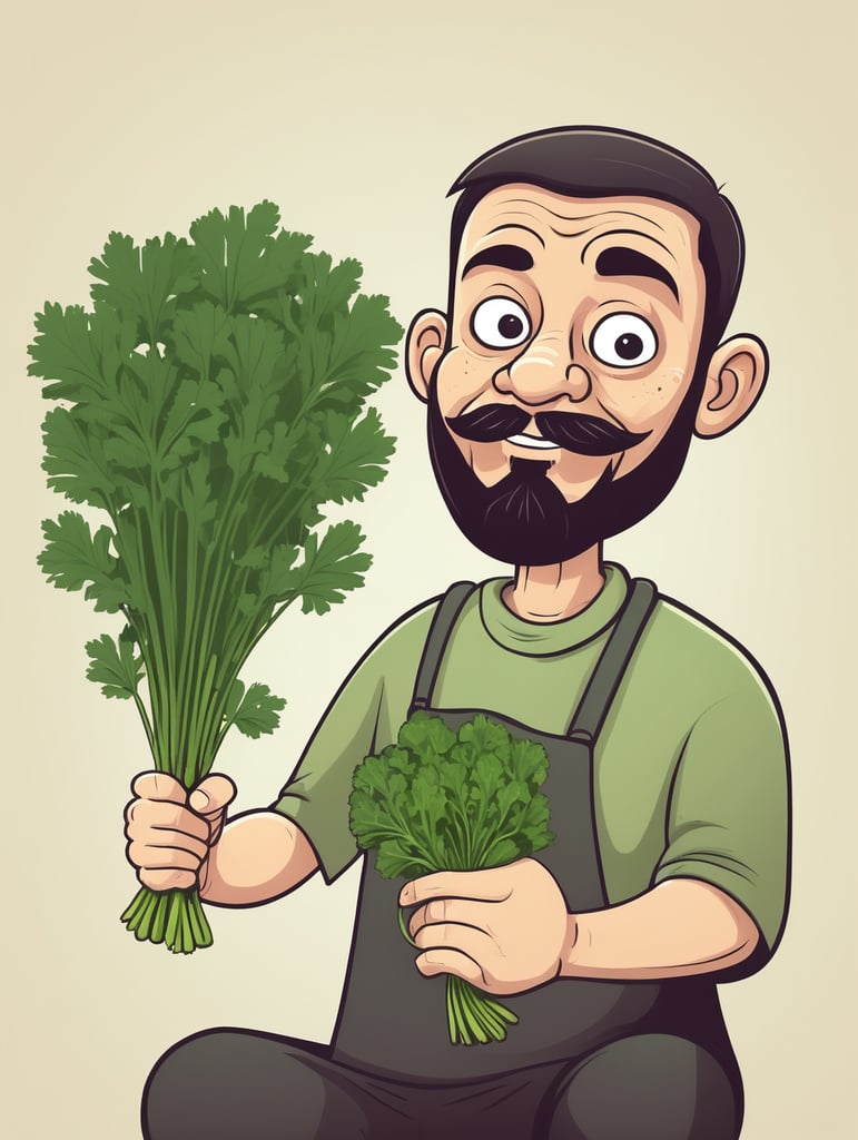 ugly man with parsley in his hand cartoon style