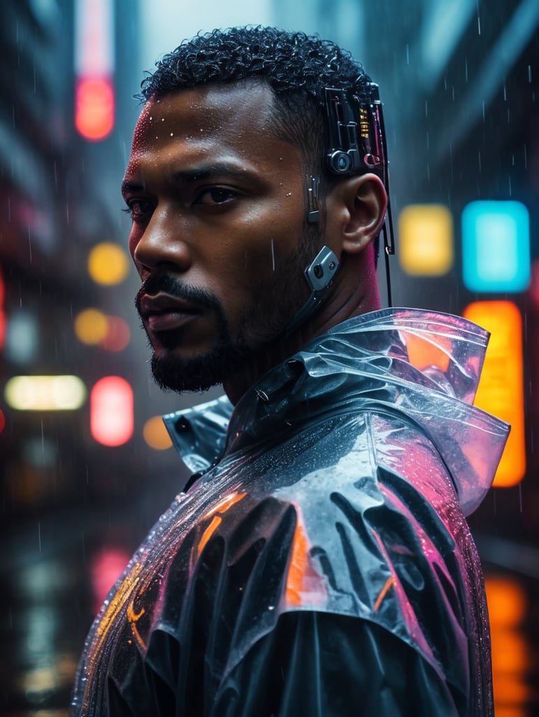 Cyborg black man wearing transparent raincoat, cyborg parts, rainy dark and neon tokio photo shoot, cyberpunk style, bright colours, high contrast, contrast lights