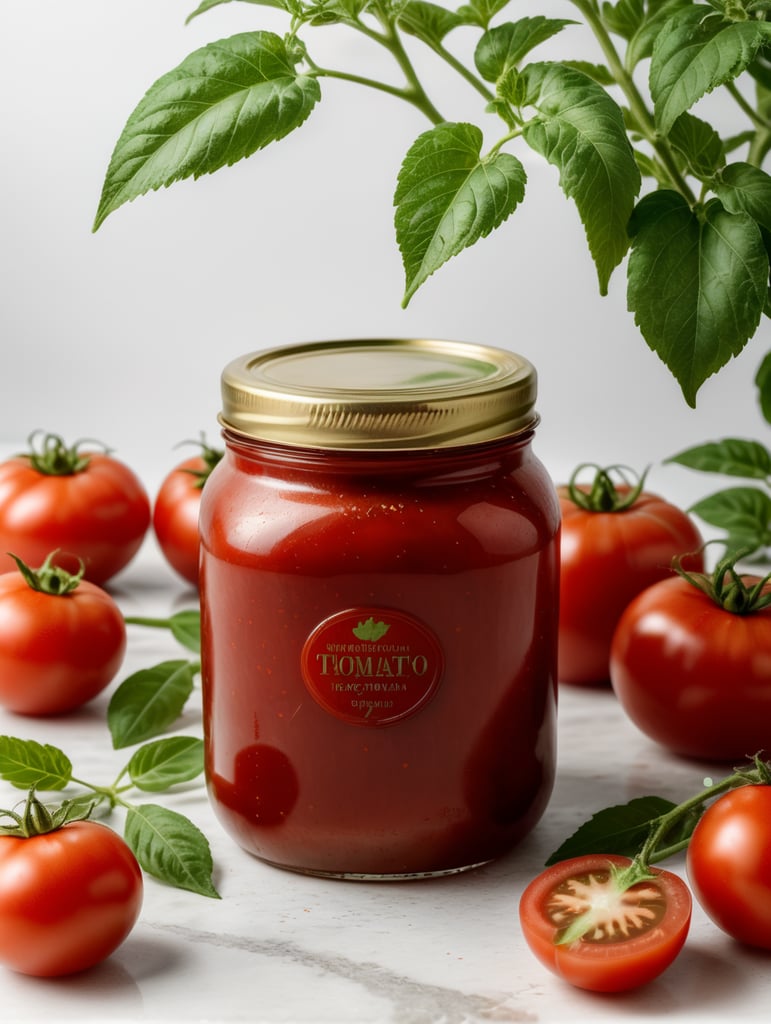 tomato ketchup jar, red tomato with green leaves, isolated, white background, mockup