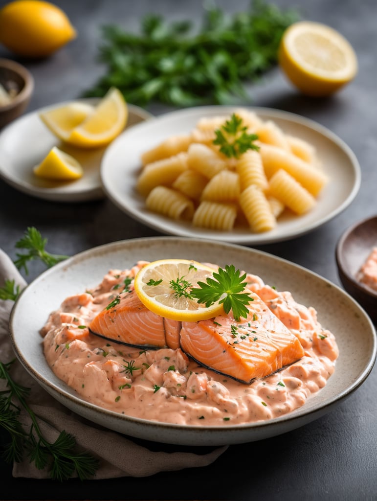 Pink Salmon Cream, typically refers to a creamy sauce or spread made with pink salmon as one of its main ingredients. It can be used in a variety of dishes, such as pasta, sandwiches, or as a dip., Food Cinematic, Editorial and vertical Photography, Photography, Shot on 70mm lens, Depth of Field, Bokeh, DOF, Tilt Blur, Shutter Speed 1 1000, F 22, White Balance, 32k, Super-Resolution