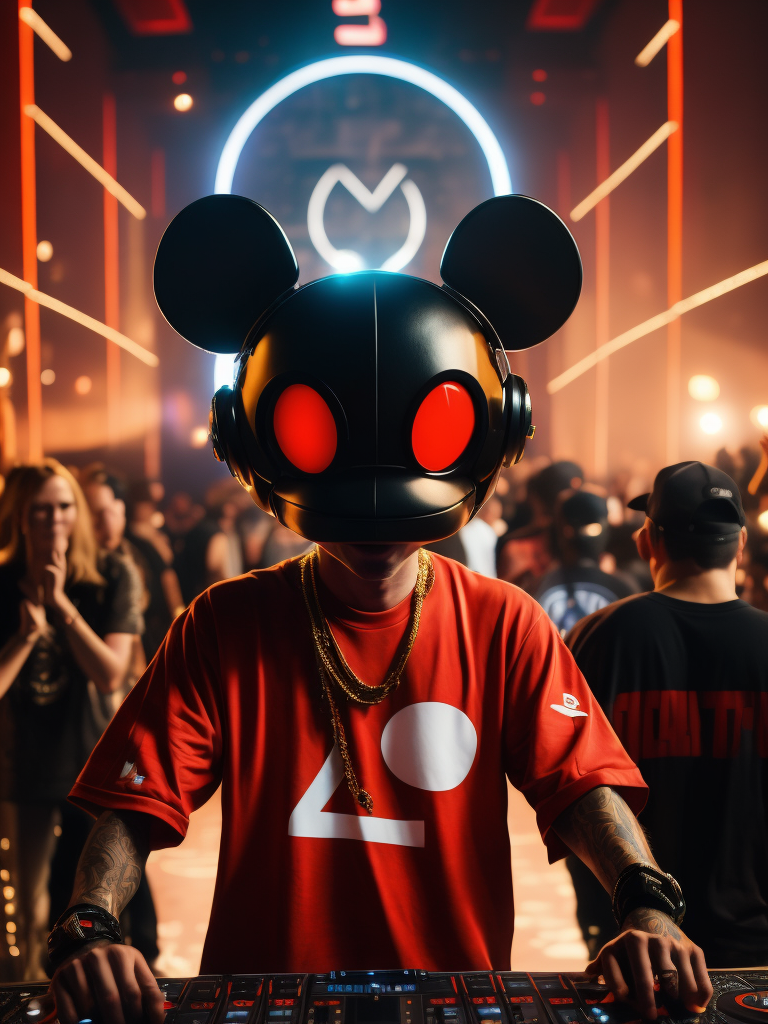 Deadmau5 dj playing in the night club, Red oversize t-shirt and gold chain, hall full of people having fun in the background, ultra realism, super detailed, neon colors