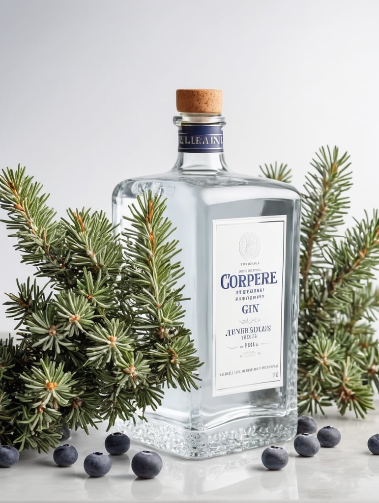 professional photography of a square gin bottle, square bottle, surrounding a juniper and juniper berries, one shot of gin in a front, no label, clear, mockup