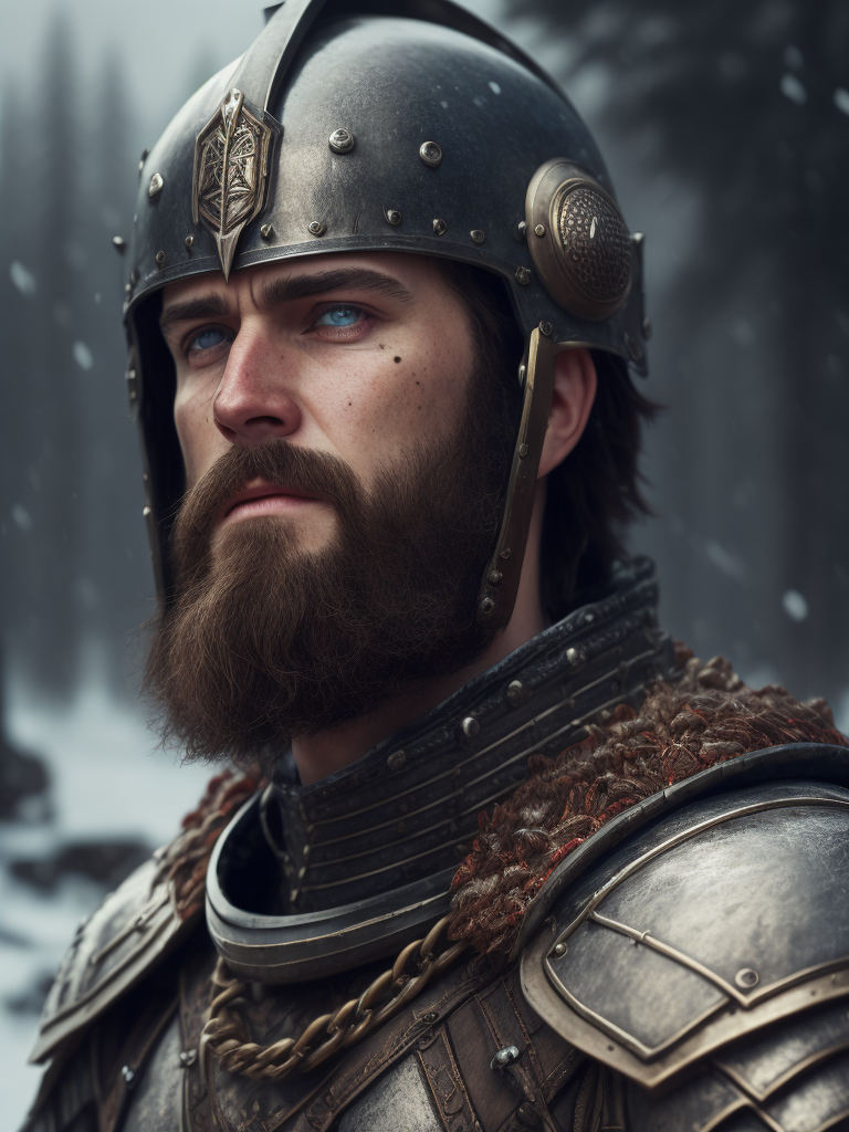 Portrait of a medieval Slavic warrior with a beard, wearing a helmet and chain mail, gray-blue eyes, a face stained with blood, against the backdrop of a winter landscape
