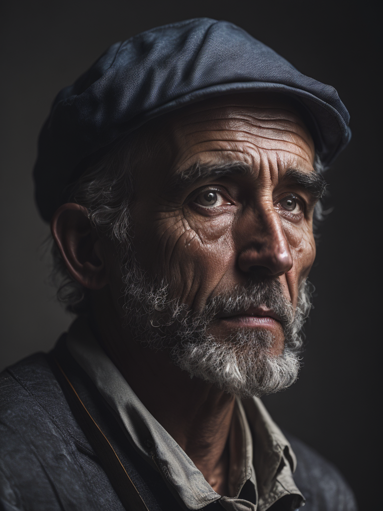 Portrait an old coal miner in 19th century, pen and ink, intricate line drawings