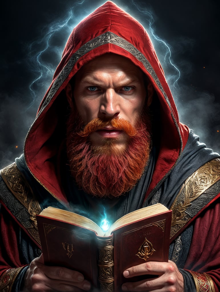 red bearded sorcerer, hood covering most of his face, holding open a spell book with glowing pages, comic book art