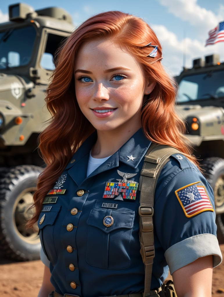 real human, real photo, cute girl with red hair and blue eyes, soft and random freckles, blush on her cheek, cute smile, natural skin tone, skin imperfection, wearing US Army combat uniform with battle gear, perfect United States flag emblem, military trucks in the background, dramatic light, taken with DSLR 4K