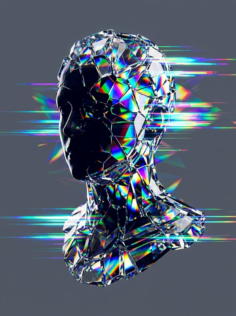 Shattered crystal human bust, dark facial silhouette, vibrant prismatic refractions, iridescent light dispersion, glowing horizontal glitch streaks, abstract 3D render, solid grey background