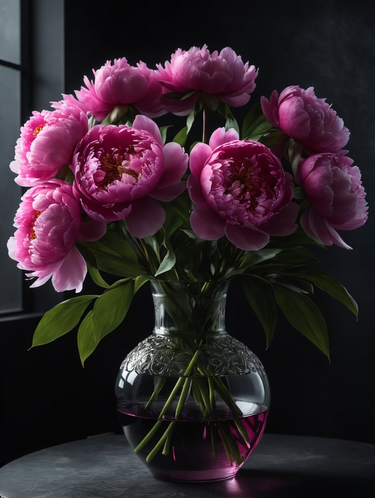 Round transparent glass vase with big bouquet of pink peonies, dark gradient background, sharp focus