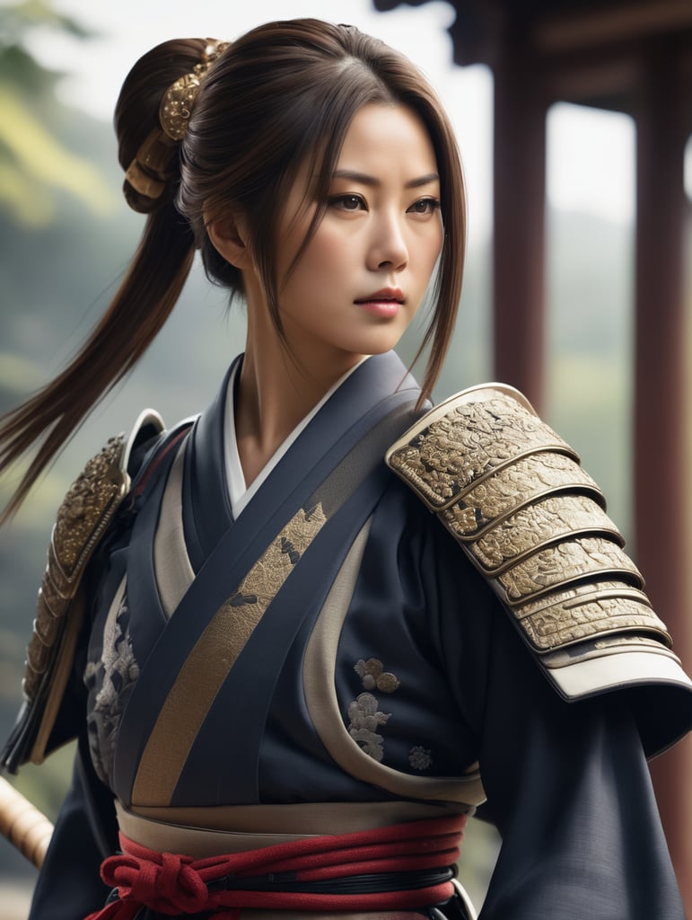 wanita jepang dengan pakaian samurai berambut sebahu, foto setengah badan, Ultra realistic human photo, realistic, raytracing, Cinematic, Ultra HD, Professional photography, ultrafine detailed, crazy details, intricate details