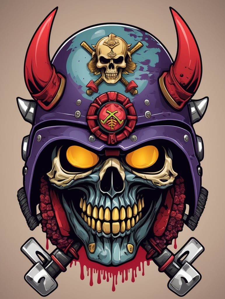 Zombie Skull with Japanese samurai helmet, mascot logo, e-gaming, bright colors, Gaming Logo, vector image