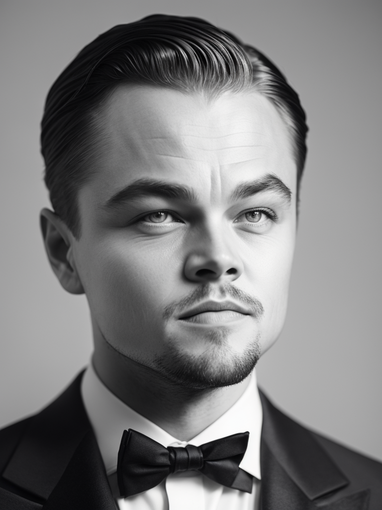 Portrait of Leonardo DiCaprio in a bow tie tuxedo, contrasting light, detailed face, muted tones