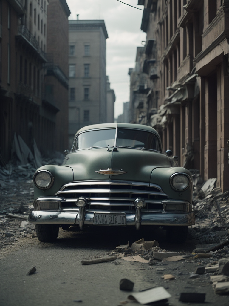 1952 Gray Chevrolet goes through bombed city, world war 2