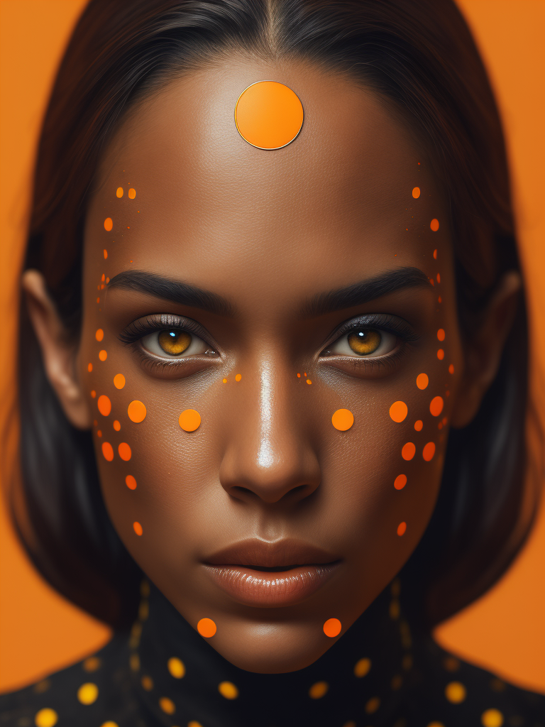 photo of a woman face with orange dot pattern, futuristic, photorealistic