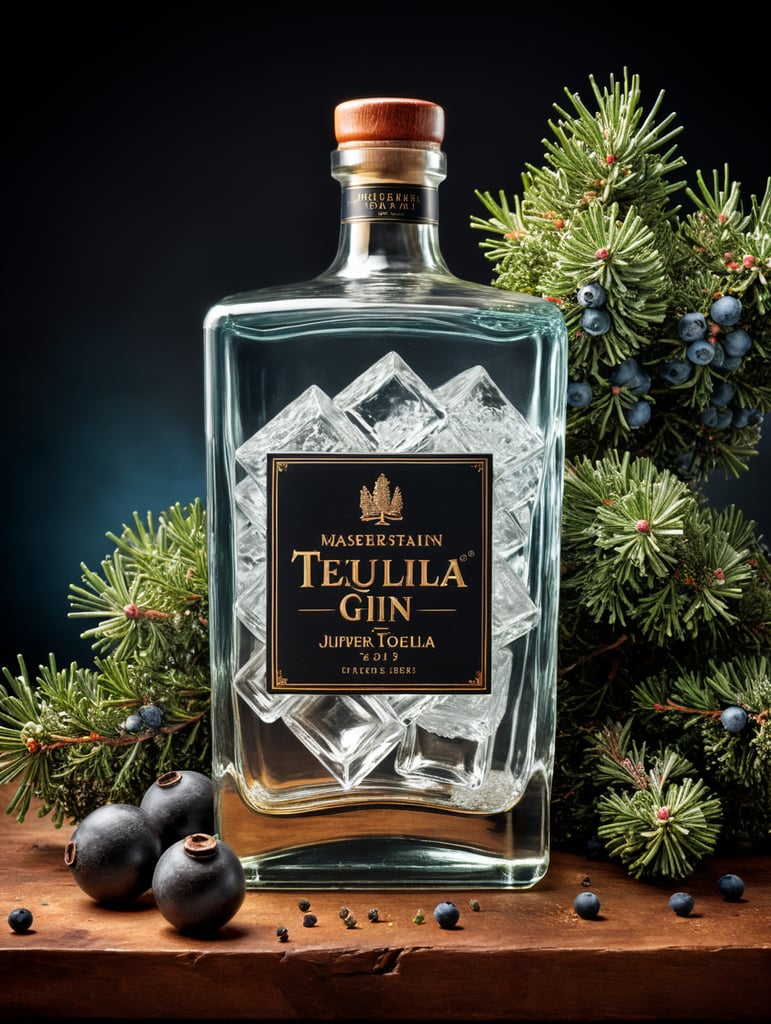 professional photography of a square gin bottle, square bottle, surrounding a juniper and juniper berries, one shot of tequila, salt, no label, clear, mockup