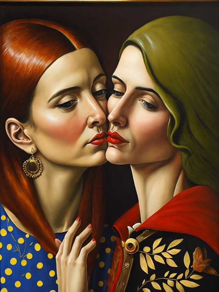 a two women kissing, style of Catherine Nolin, Painting, Acrylic, Oil, Portrait, Interior, USA