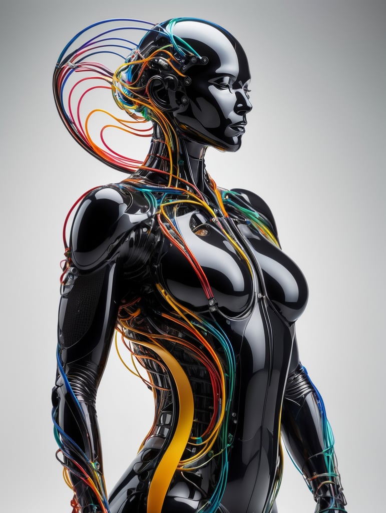 iseneld + abstract biomechanic humanoid dynamic pose portrait made of matte transparent rubber, smooth carbon fibre skin, circuits and sinuous wires, liquid shapes + vibrant color palette, biomorphic, minimalism, surrealism, dither + art station