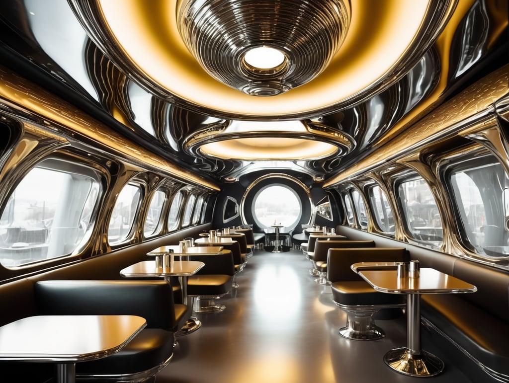 Futuristic interior of UFO cafe. Alien interior, chrome and gold tones