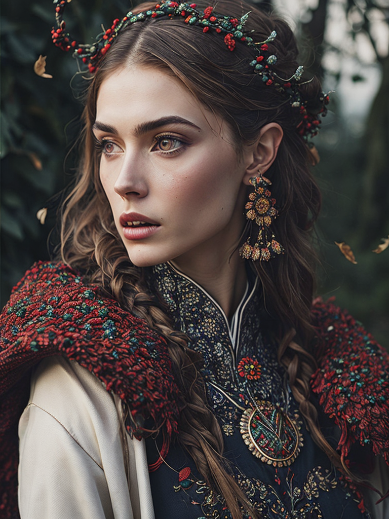 Portrait of a Beautiful women from Russian fairytale wearing traditional costume around bunches of rowan