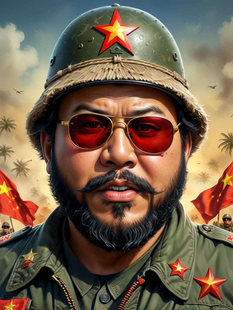 Che guevarra Chubby version with chinese soldier hat with red star pin,big hairy beard wear sun glasses square, with army jacket from vietnam wars background red flag