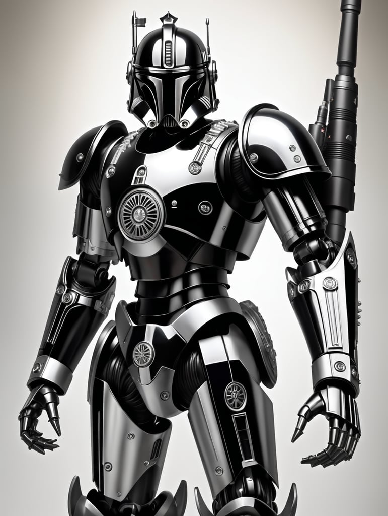 commando droid, star wars, full body, battle pose, shiny black and white armor, shiny silver light eyes