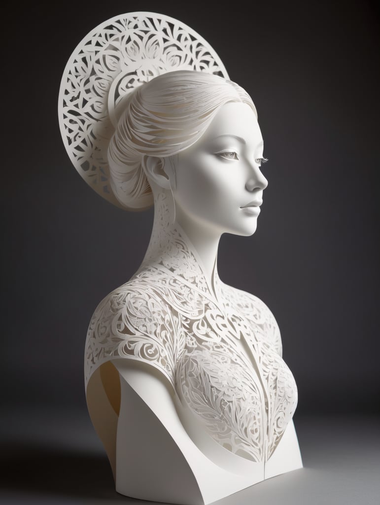 White cut paper sculpture woman, focus on details