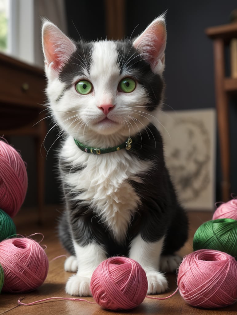 Котёнок Бело черный с зелёными очеровательными глазками с розовым носом с клетками ниток на фоне комнаты
