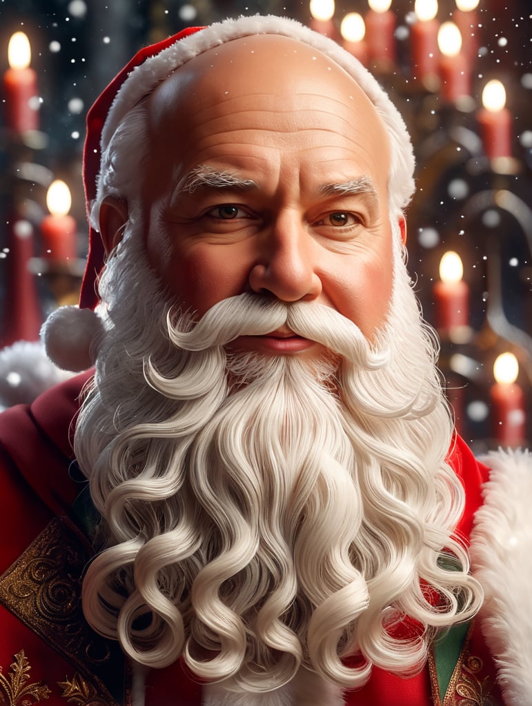 Portrait of Santa Claus, whimsical facial expression, cloned face, realistic wavy white beard, detailed beard hair, bald head, warm complexion, jolly caricature, saturated colors, all red outfit, highly detailed, sharp focus, portrait photography, depth of field, dramatic candlelit lighting, incredibly high detailed, toy workshop background, white snowflakes