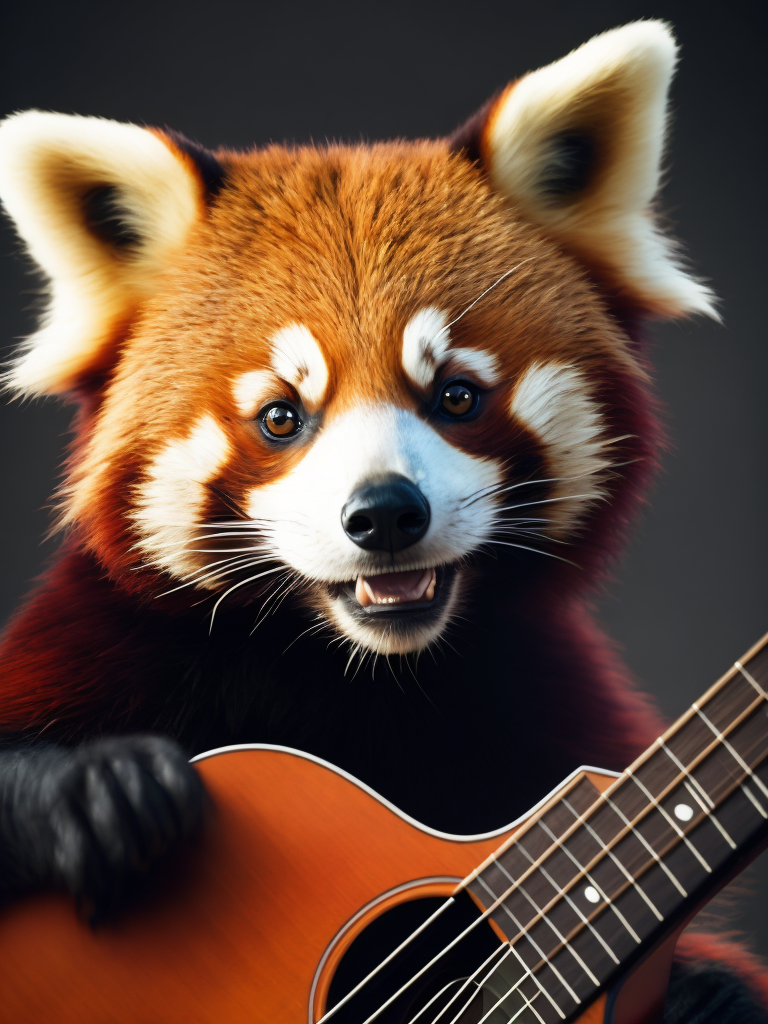 Red panda bear playing guitar, Vivid saturated colors, Contrast light, studio photo, professional photo, Detailed image, detailed face