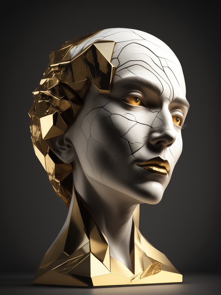 A cracked white marble sculpture head with gold inside, studio lighting, dark background