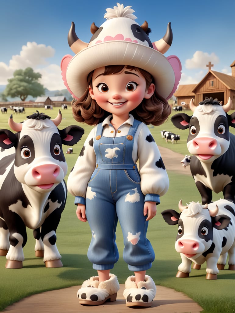 Draw a happy young woman wearing furry slippers on her feet that look like small holstein cows. The woman wears a large cowbow hat and denim overalls, and is standing in a barnyard with cows shown in the background.