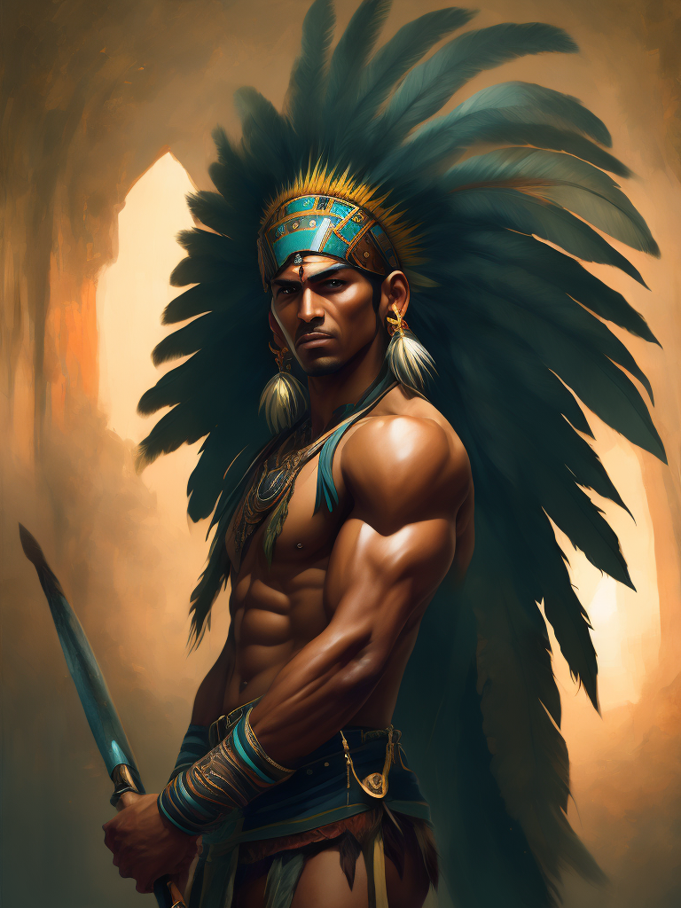 hispanic, male, taino indian, feather headdress, warrior paint, holding spear