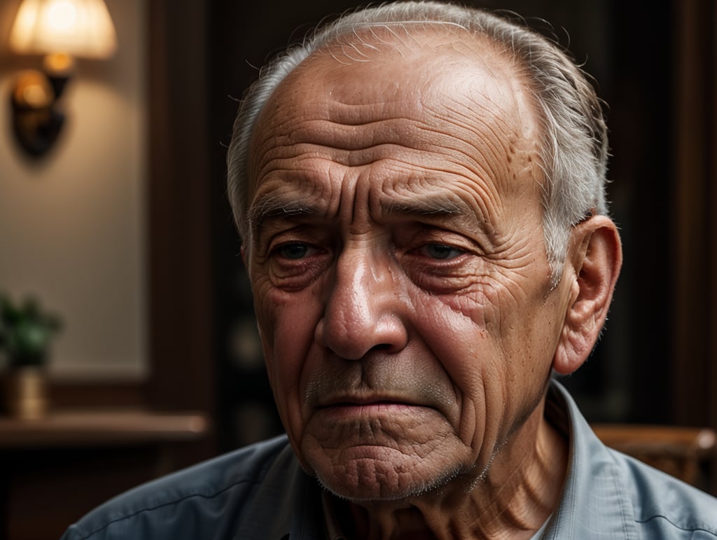 Portrait of an elderly crying man, high definition, photography, cinematic, detailed character portrait, detailed and intricate environment