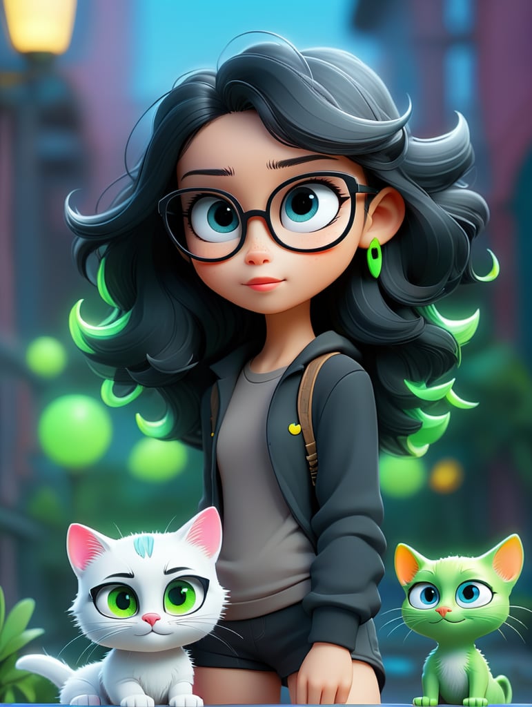 Premium AI Image, modern anime character of Chinese girl AI generated, neon, sunglasses, small cat, lizard