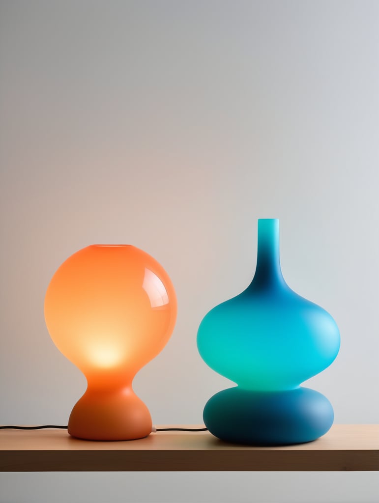 A contemporary minimalist semi-translucent silicone lamp with vibrant cyan blue and orange gradient colors as if designed by hi studio.