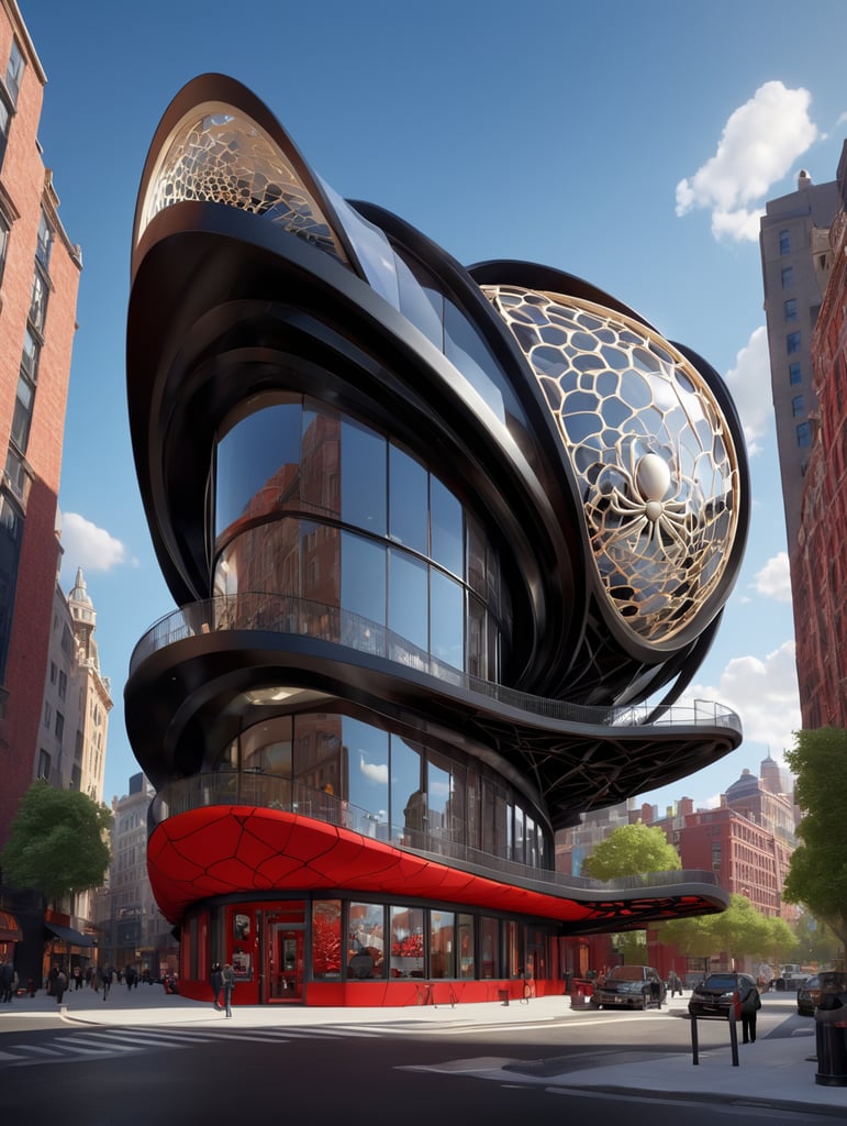 dream prompt: the craziest, bentwood, far view lens architectural modern style hyper realistic hyper detailed neocosmic exterior architecture design of a spider Fluid complex facade, geometric shapes spectrum, black::1 red:3, Antoine Blanchard architecture art style, in new york city, dramatic ambient, natural lighting, camera sony, 8k, --s1000 --style raw, you can imagine
