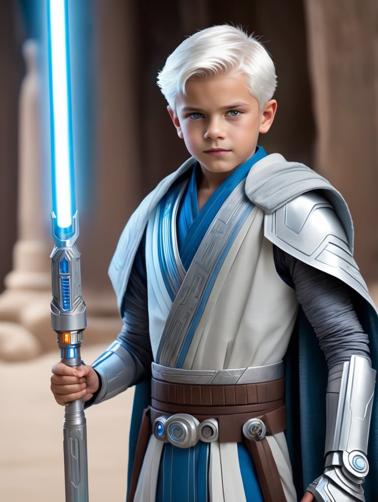 Star wars young Padawan boy with white hair, cybernetic arm, and has a prism colored light saber and blue gray Jedi robes