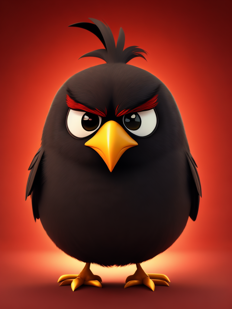 angry birds, black round bird on red background, standing centered in 3D style, rendered using beautiful Disney animation, Pixar style, Disney style, 3D style