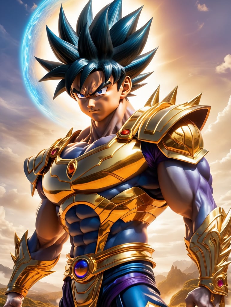 A dynamic scene of the iconic anime character, Son Goku, in his signature Saiyan armor. He stands tall with his muscular build and spiky black hair, exuding an aura of power and confidence. The backdrop is a vibrant, otherworldly landscape filled with floating islands and a bright, full moon. Goku's eyes are closed, his body glowing as he channels his immense energy into a massive golden aura that surrounds him. His arms are stretched out wide, as if preparing to unleash a devastating attack. The art style captures every detail of his form, from the intricate texture of his armor to the individual strands of his hair. The color palette is bold and bright, with shades of gold, blue, and purple dominating the scene. The image is a testament to Goku's strength and the breathtaking artistry of the anime world. detailed eyes 2D