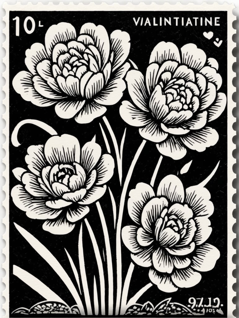 Black and white linocut postage stamp Valentine's Day thick bold dark lines