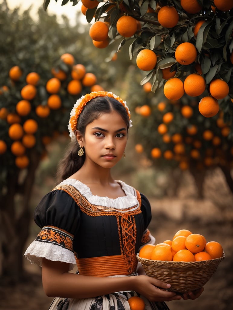 Portrait of a young, dark and beautiful Mexican girl growing oranges from Mexico in 17th century Mexican folk dress, dramatic lighting, depth of field, orange trees in the background. Oranges should have a beautiful, even structure. Incredibly high detail holding fresh oranges in hand