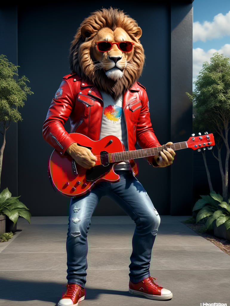 realistic lion, wearing red Leather jacket and jeans pants, wearing shoes, holding a guitar, 8k, unreal engine render, full body wearing sunglasses