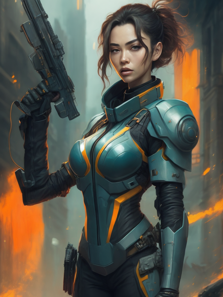 a woman in a futuristic suit holding a gun in her hand, looking at the camera, cyberpunk art, neo-figurative, anime