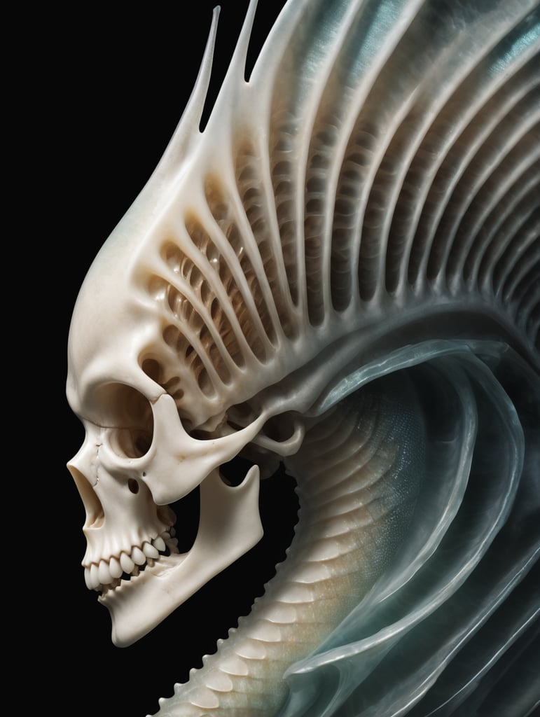 a hyper realist close up front view of a mermaid's tail x-ray picture with dark background showing her bones