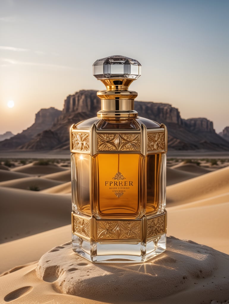 professional photography of a luxury perfume bottle in the desert, no label, clear, mockup