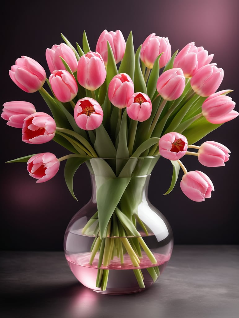 Round transparent glass vase with big bouquet of pink tulips, dark gradient background, sharp focus