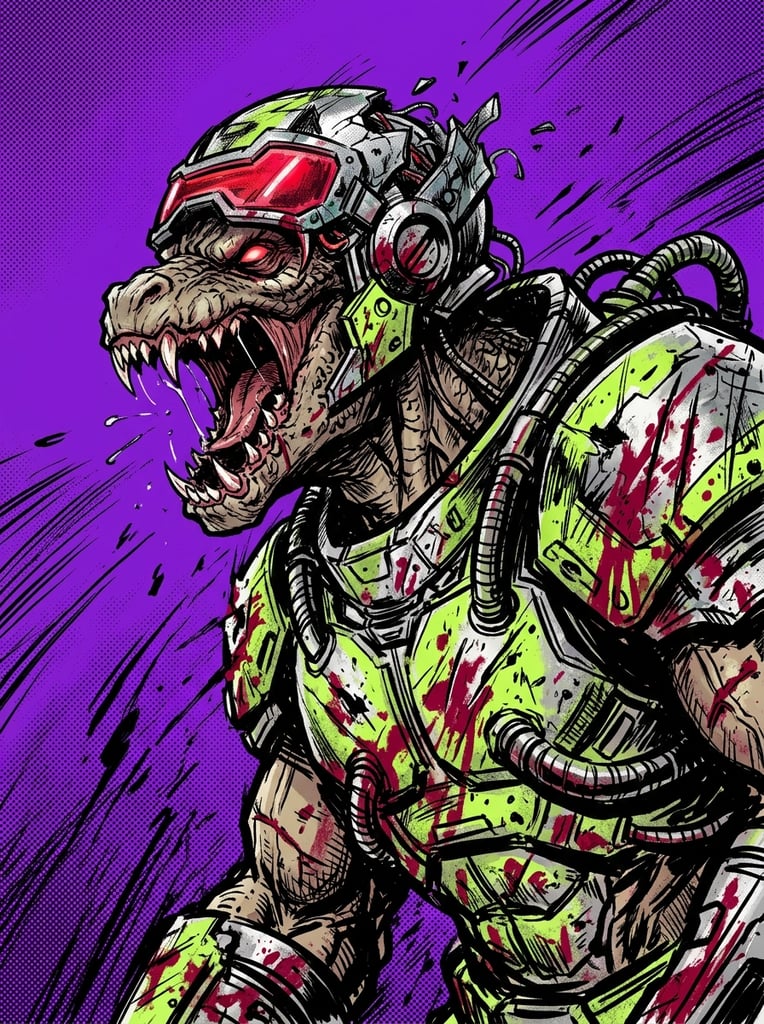 angry reptilian alien warrior roaring in profile, neon green and silver battle armor, shattered cybernetic helmet with glowing red visor, gritty comic book illustration, heavy black inking, dynamic speed lines, prominent halftone textures, thick crimson paint splatters across the armor, solid vibrant purple background, raw energetic brushstrokes, high contrast