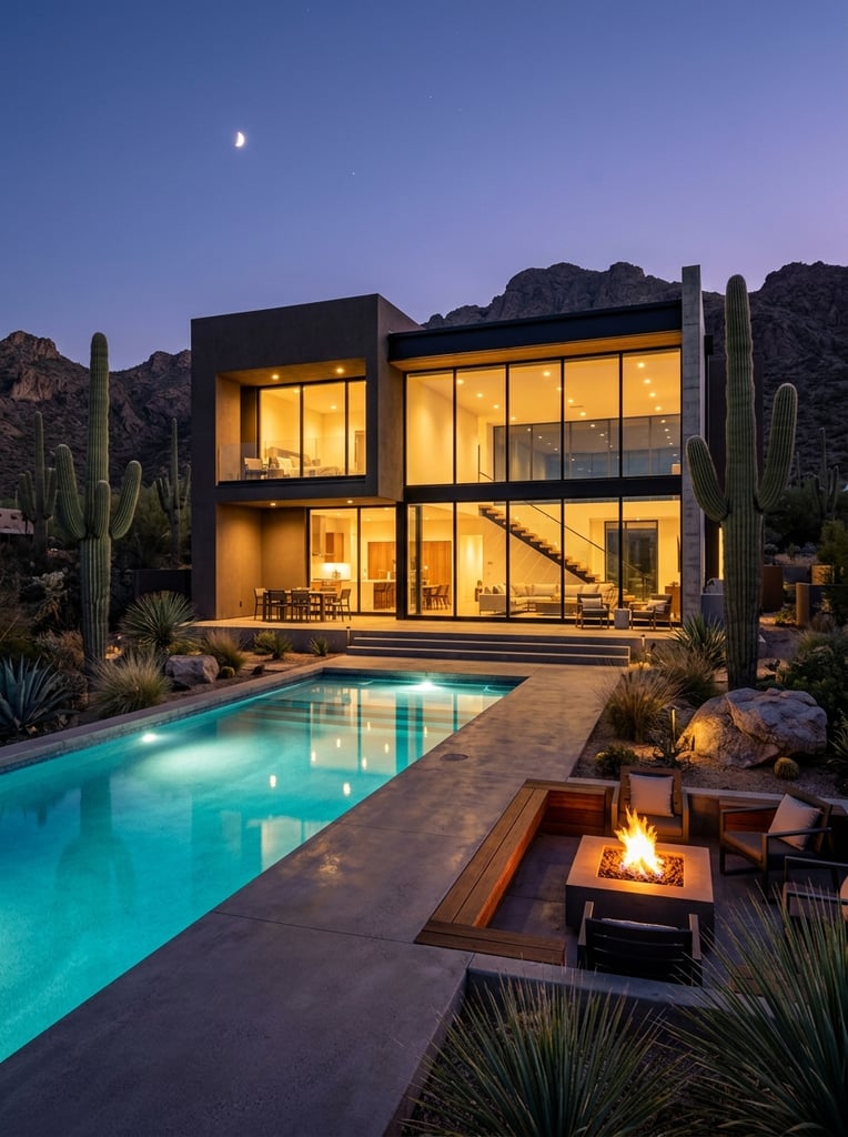 Modern two-story house at dusk, floor-to-ceiling glass windows glowing with warm interior light, illuminated rectangular swimming pool, concrete patio with sunken fire pit, desert landscaping with saguaro cacti and boulders, twilight blue sky with crescent moon, architectural photography, cool exterior and warm interior contrast