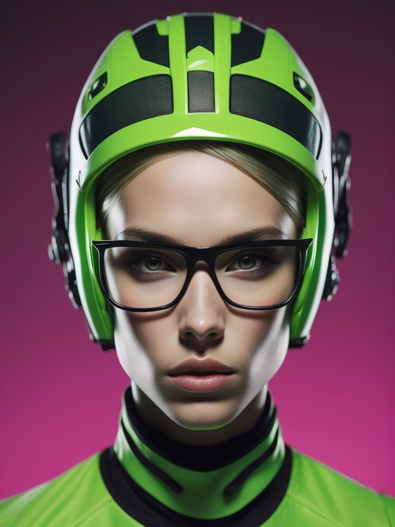 a female supermodel 24 years old wearing a neon green helmet dressed in athletic clothing and glasses, in the style of futuristic glam, retro futurism, neon green clothing, glasses without color, clear glass, long blond hair, blonde girl, teal background, mike campau, anton fadeev, high gloss, mono-ha