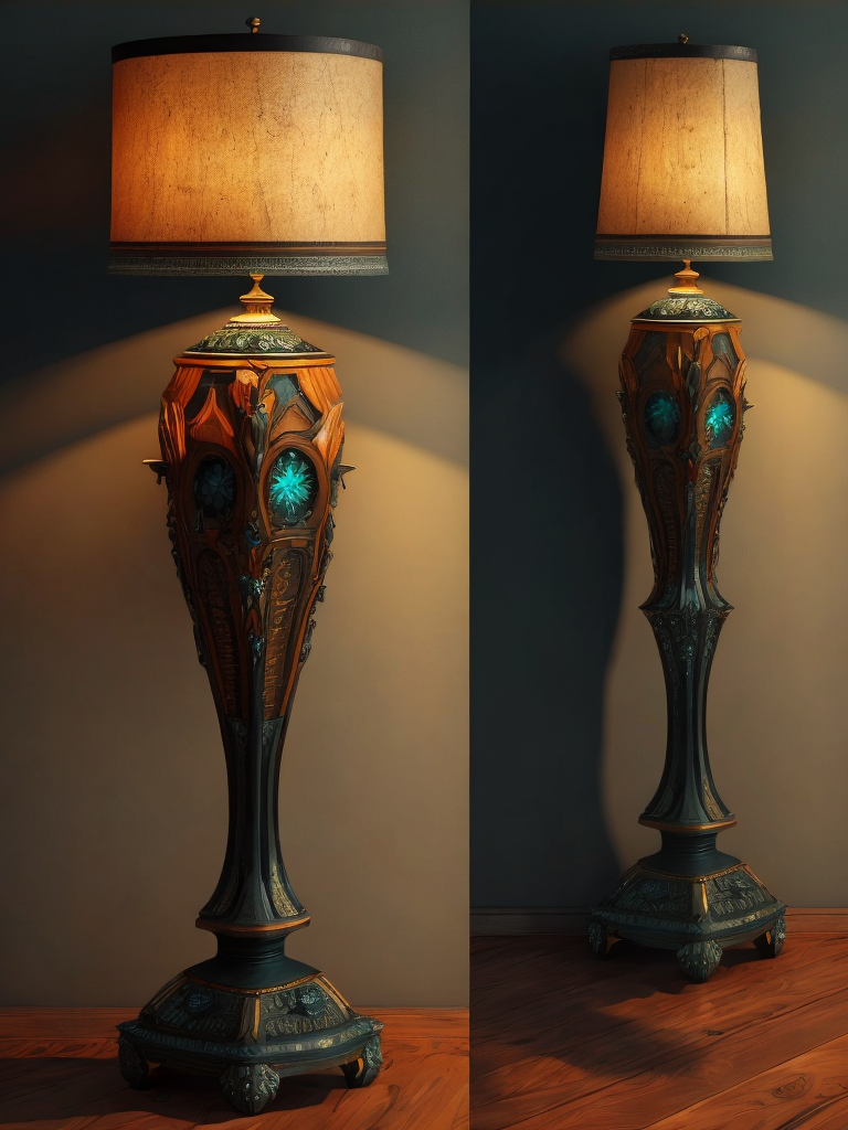 wooden floor lamp, carved black wood, decorated with gems